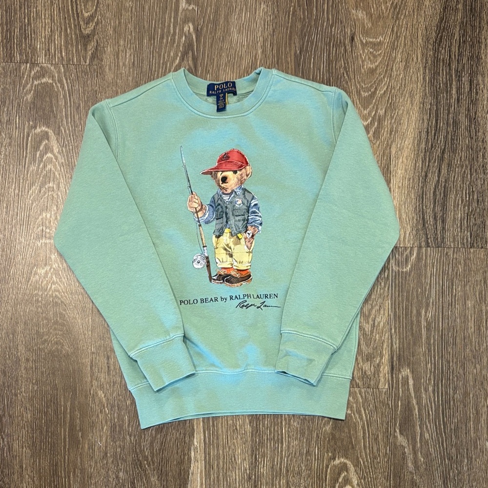 Kids Polo by Ralph Lauren Aqua Crewneck with Polo Bear Fishing Graphic